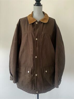 VTG Guide Gear Work Jacket Chore Coat XL Canvas Insulated Leather Collar Hong K